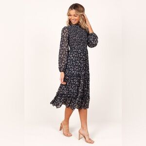 Petal+Pup Navy Ditsy Floral Smocked/Tiered Midi Dress |Large | Boho/Cottagecore